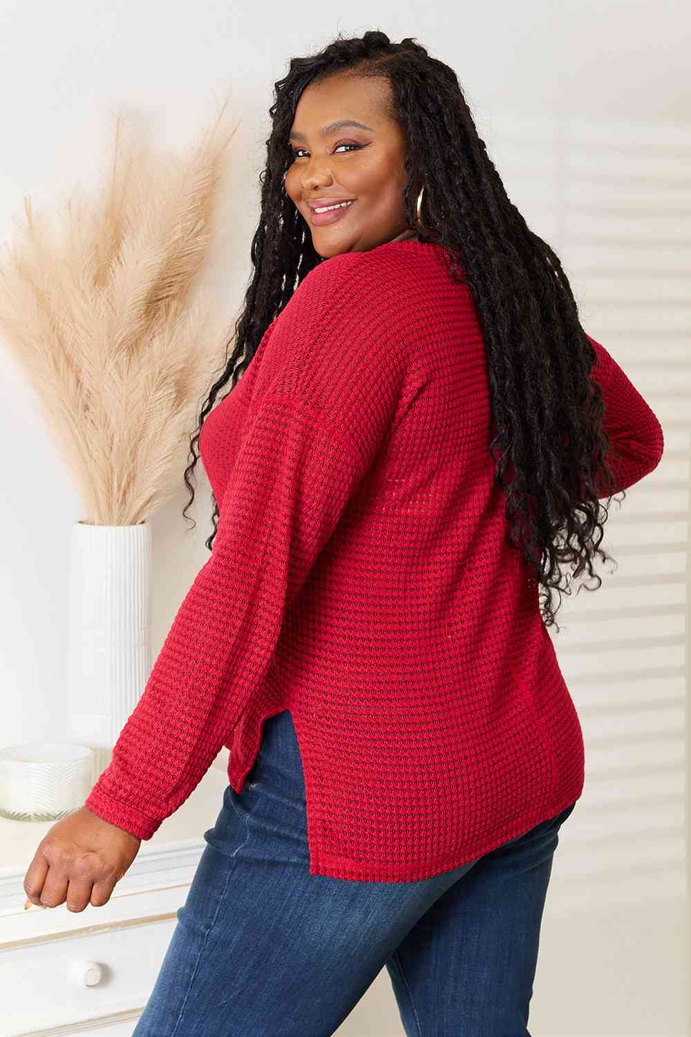 Wide Notch Relax Top Waffle-knit