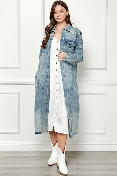 Distressed Raw Hem Pearl Detail Button Up Jacket