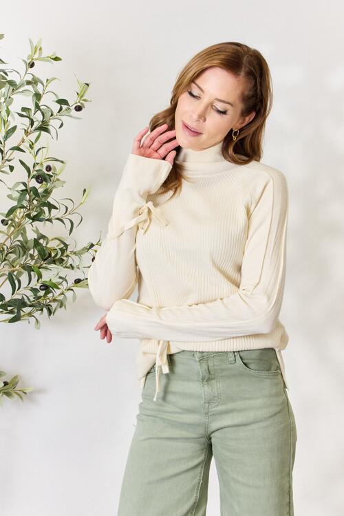 Ribbed Bow Detail Long Sleeve Turtleneck Knit Top