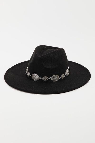 Metal Trim Flat Brim Fedora Hat