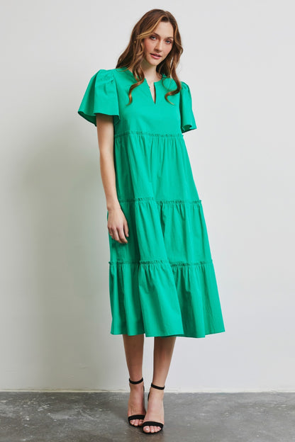 Cotton Poplin Ruffled Tiered Midi Dress