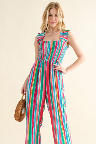 Striped Smocked Sleeveless Jumpsuit