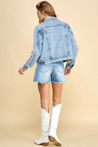 Button Up Pearl Detail Long Sleeve Denim Jacket