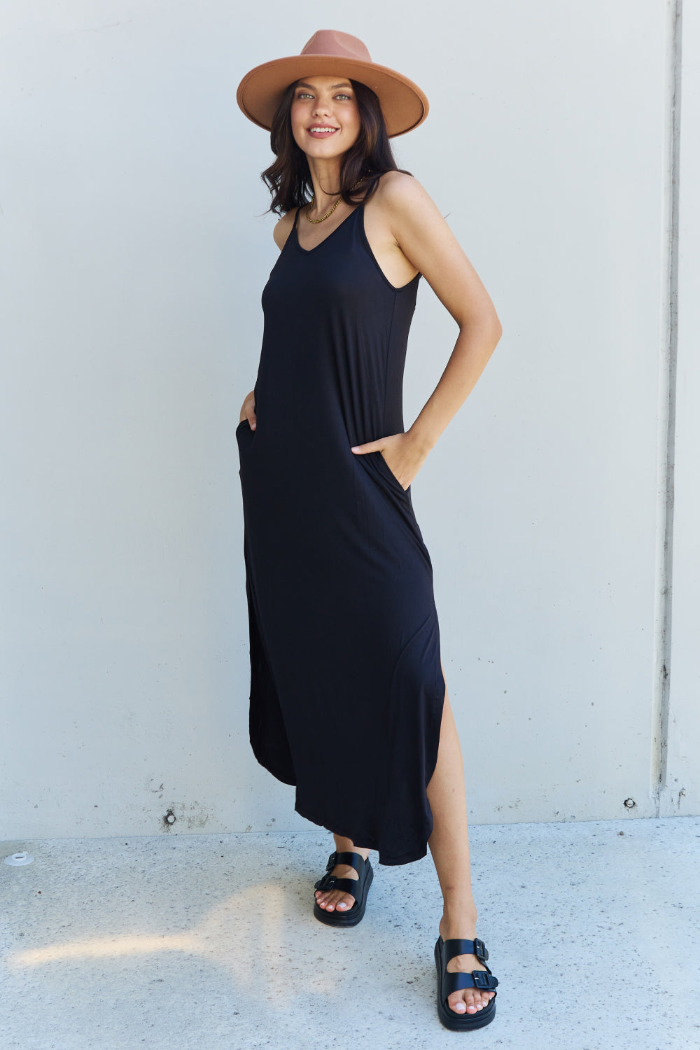 Good Energy Cami Side Slit Maxi Dress in Black