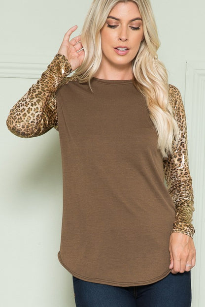 Plus Solid Top with Leopard Long Sleeves