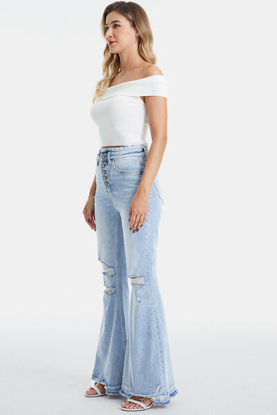 BAYEAS Distressed Raw Hem High Waist Flare Jeans