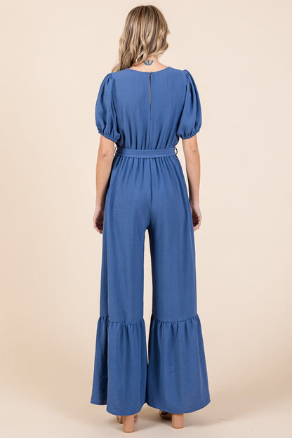 V-Neck Belted Wide Leg Jumpsuit