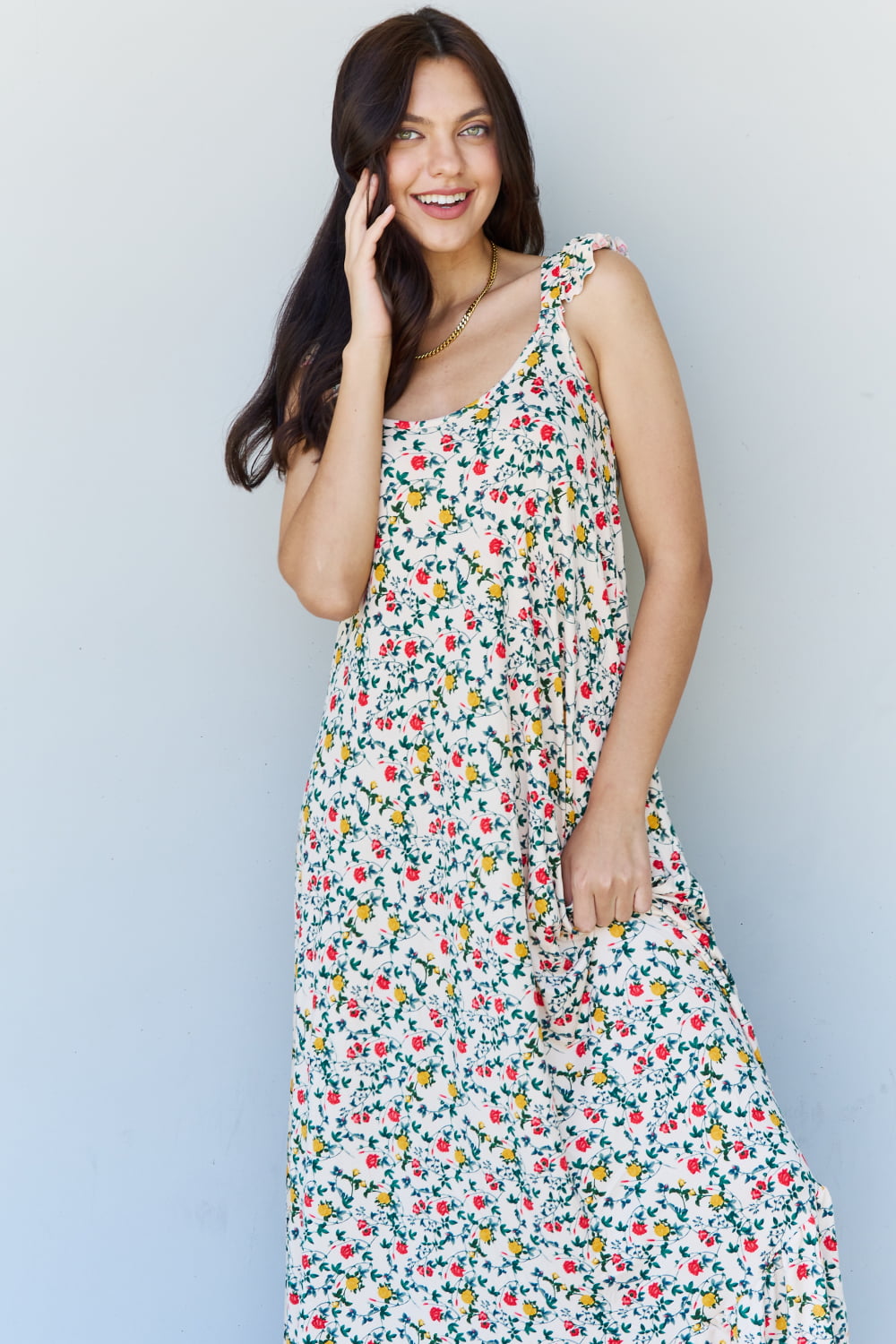 In The Garden Ruffle Floral Maxi Dress in Natural Rose