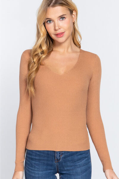 V-Neck Fitted Viscose Rib Knit Top