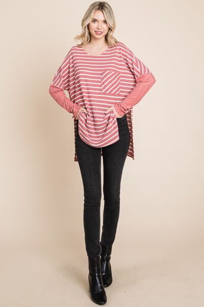 Oversize Striped Round Neck Long Sleeve Slit T-Shirt