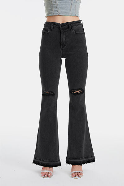 BAYEAS High Waist Distressed Raw Hem Flare Jeans