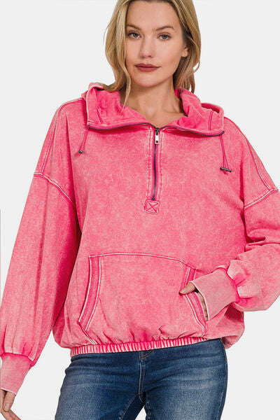 Drawstring Half Zip Dropped Shoulder Hoodie