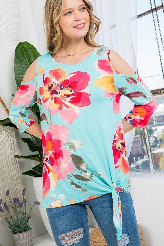 PLUS FLORAL COLD SHOULDER TOP