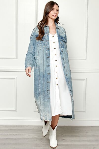 Distressed Raw Hem Pearl Detail Button Up Jacket