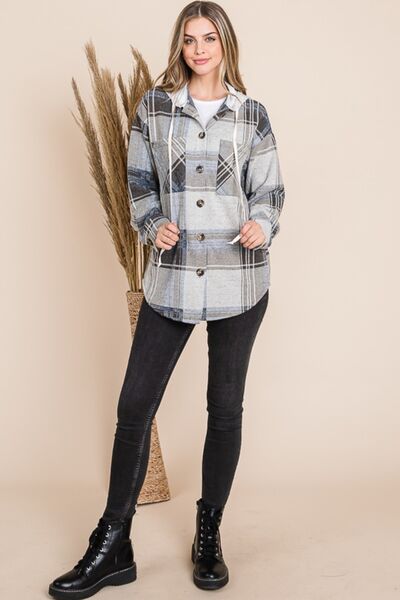 Plaid Button Up Drawstring Hooded Jacket