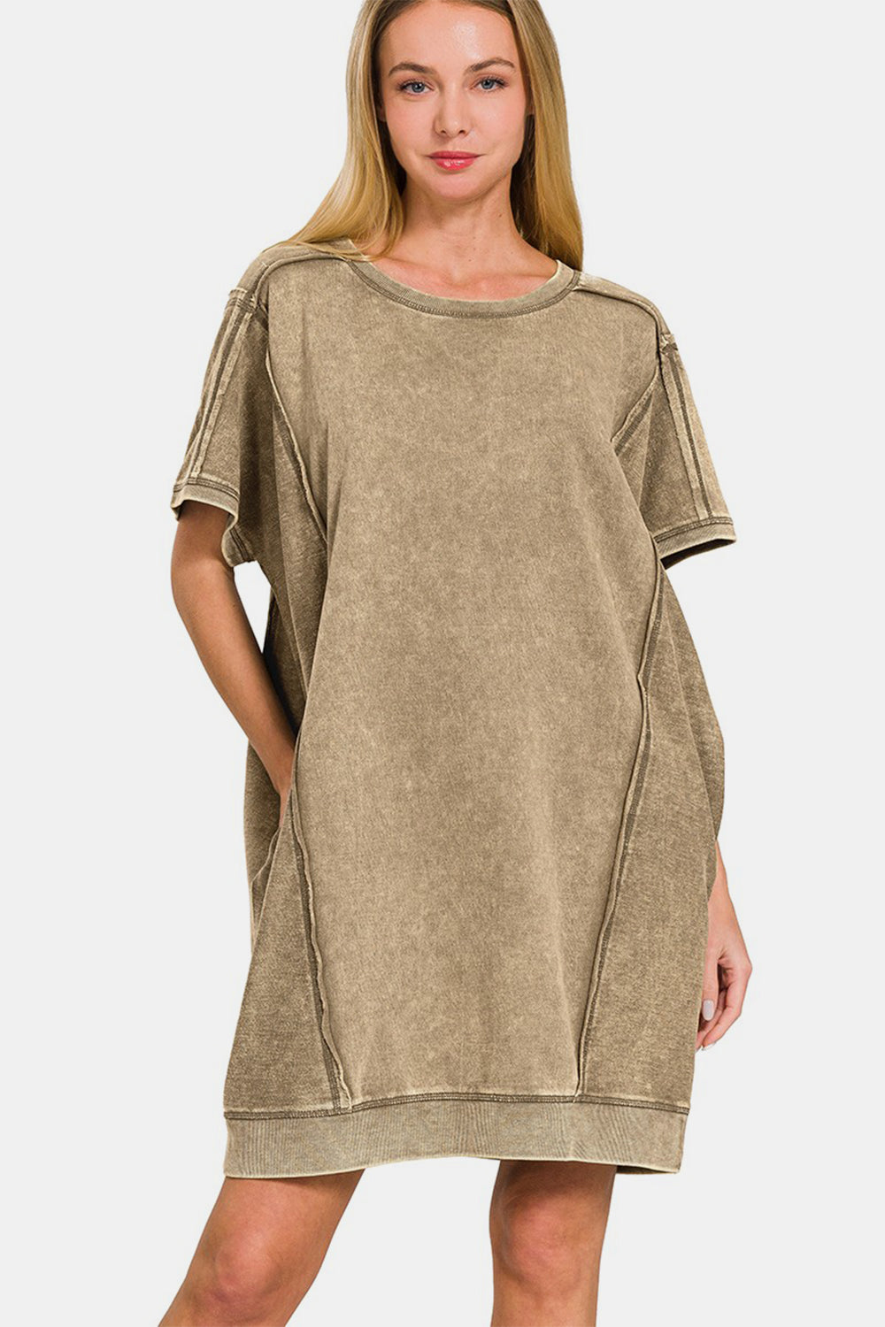 Washed Exposed Seam Mini Tee Dress