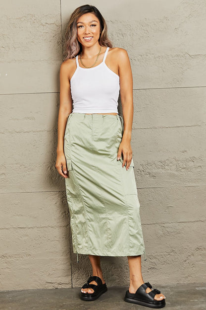 Just In Time High Waisted Cargo Midi Skirt