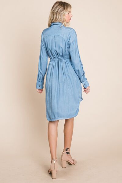 Button Up Drawstring Shirt Dress