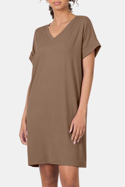 Rolled Short Sleeve V-Neck Dress