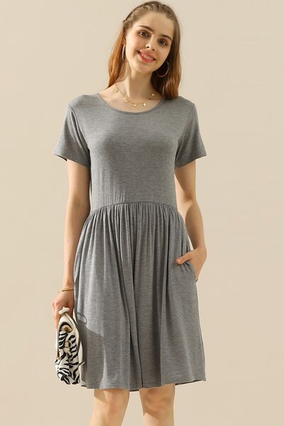 Round Neck Ruched Dress with Pockets