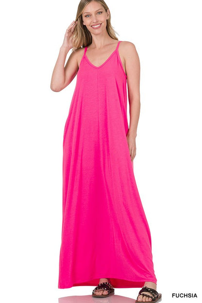 V-NECK CAMI MAXI DRESS WITH SIDE POCKETS