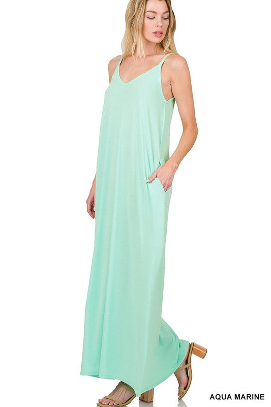 V-NECK CAMI MAXI DRESS WITH SIDE POCKETS