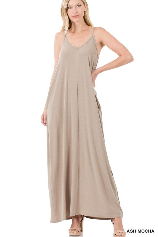 V-NECK CAMI MAXI DRESS WITH SIDE POCKETS