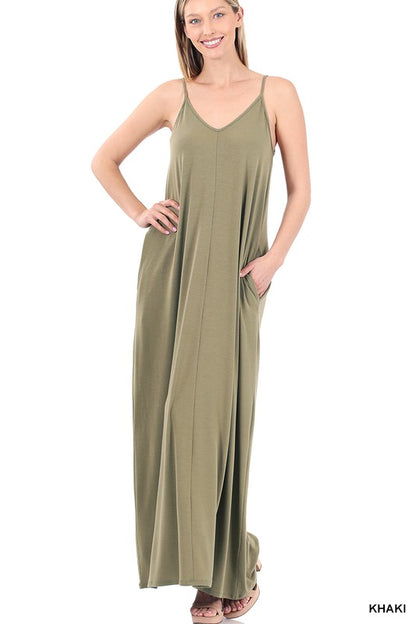 V-NECK CAMI MAXI DRESS WITH SIDE POCKETS