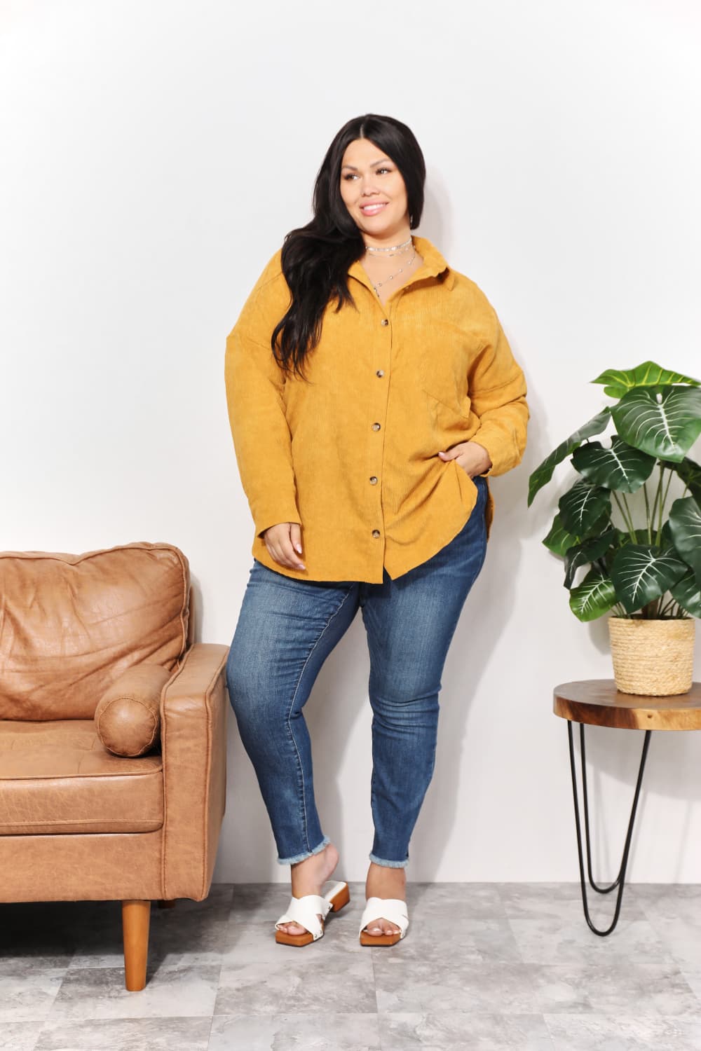 Oversized Corduroy  Button-Down Tunic Shirt with Bust Pocket