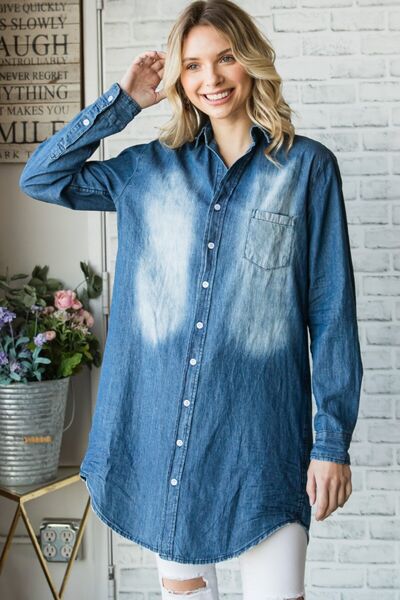 Pocketed Button Up Washed Denim Shirt