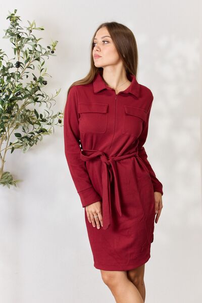 Tie Front Half Zip Long Sleeve Shirt Dress