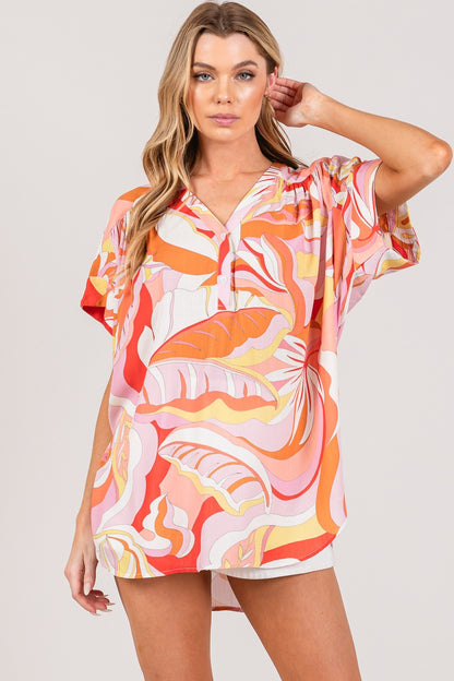 Abstract Print Half Button Blouse