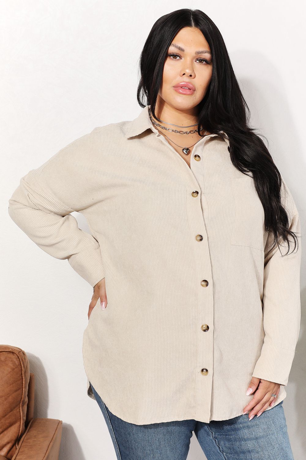 Oversized Corduroy  Button-Down Tunic Shirt with Bust Pocket