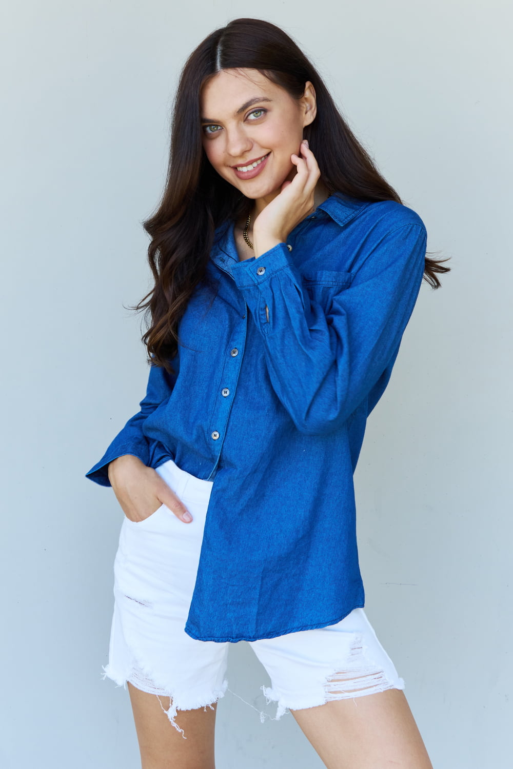 Blue Jean Baby Denim Button Down Shirt Top in Dark Blue