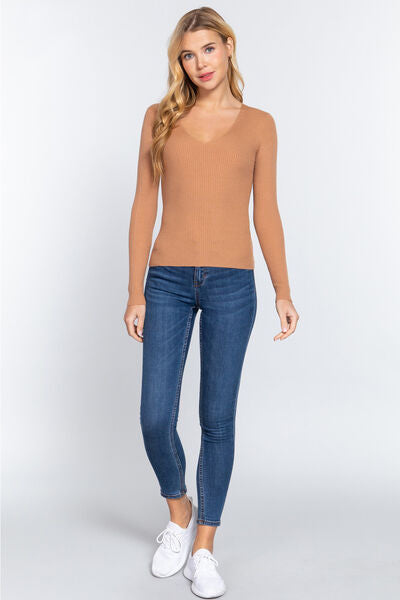 V-Neck Fitted Viscose Rib Knit Top