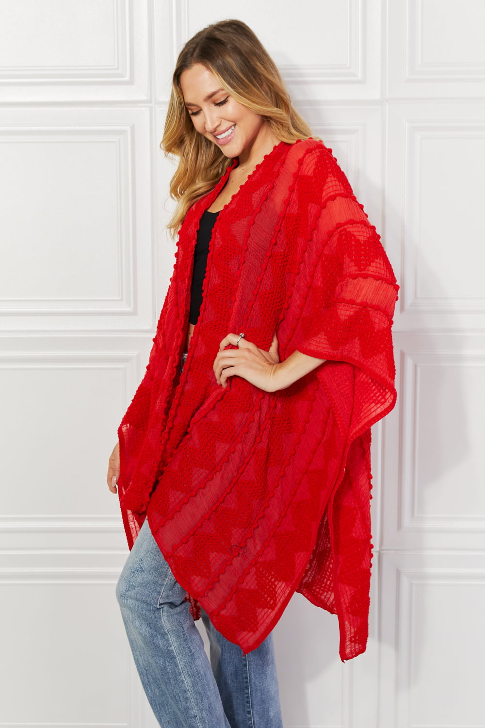 Pom-Pom Asymmetrical Poncho Cardigan in Red