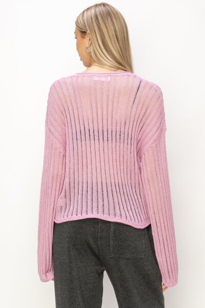 Openwork Ribbed Long Sleeve Knit Top