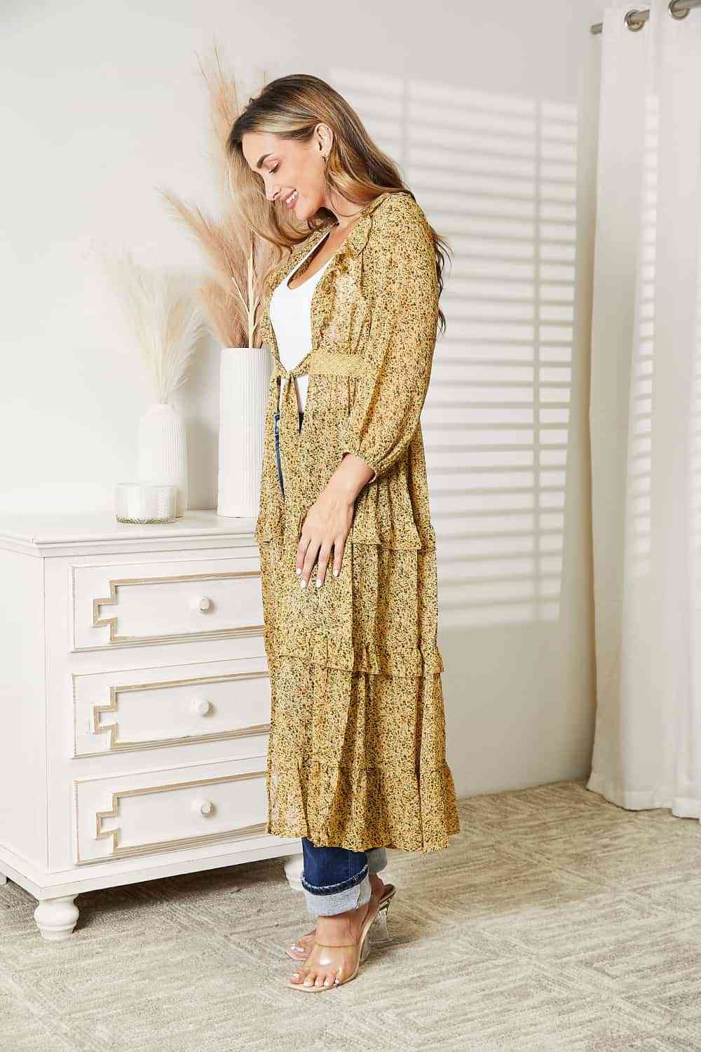 Tie Front Ruffled Duster Cardigan