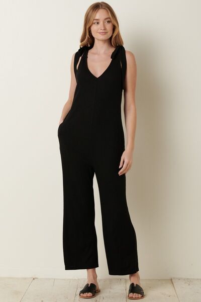 Rib Knit V-Neck Cross Back Jumpsuit