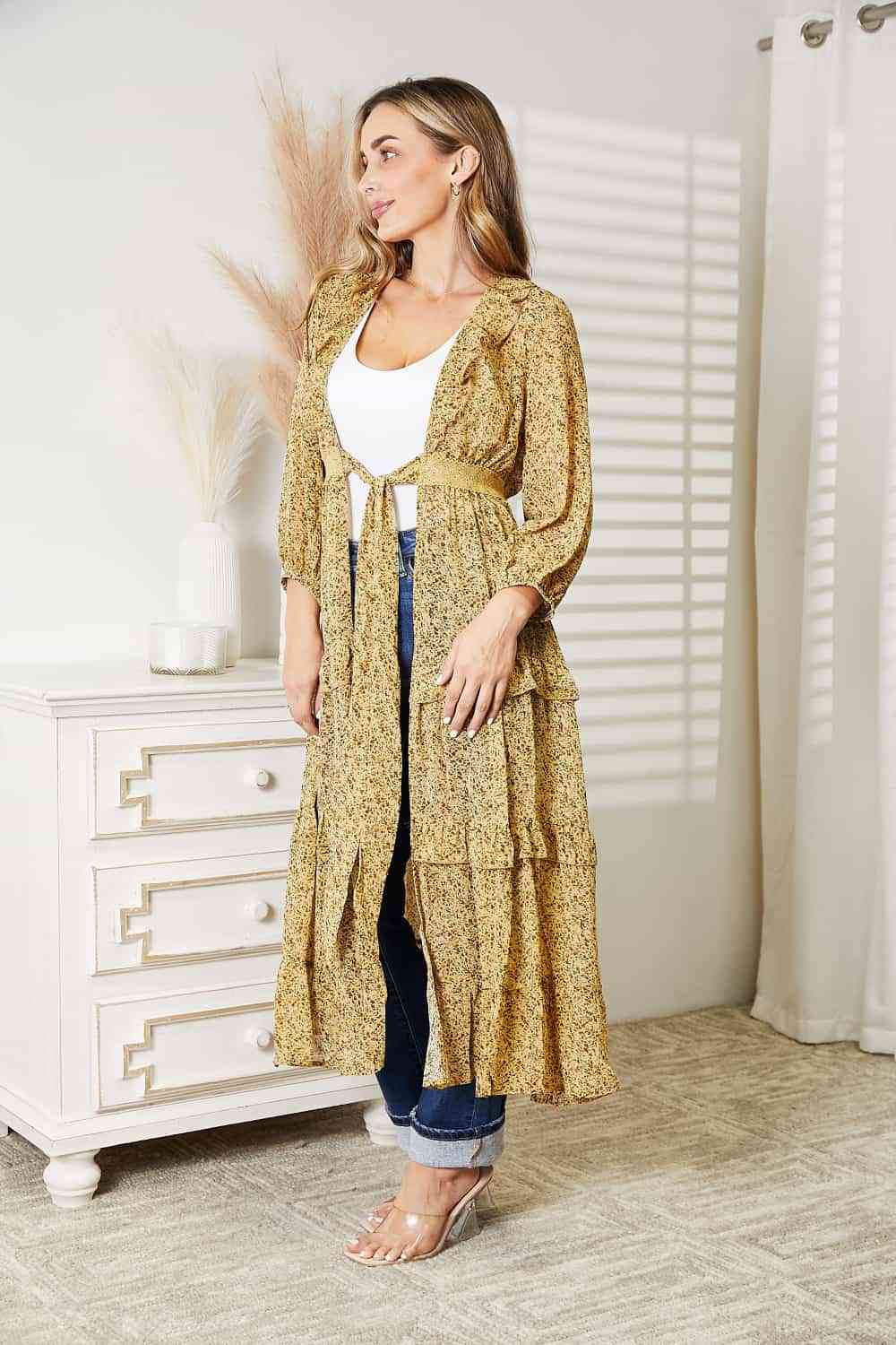 Tie Front Ruffled Duster Cardigan