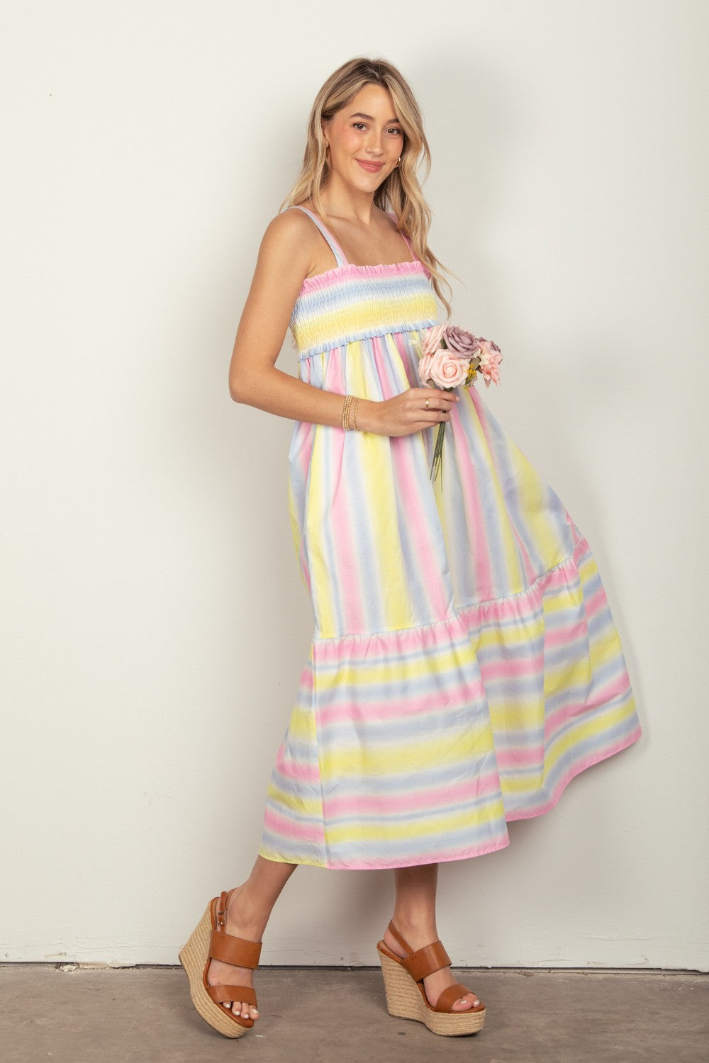 Striped Woven Smocked Midi Cami Dress