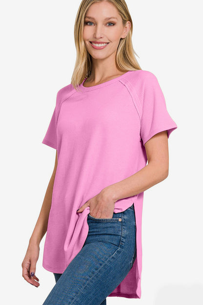 Slit Round Neck Short Sleeve Waffle Top