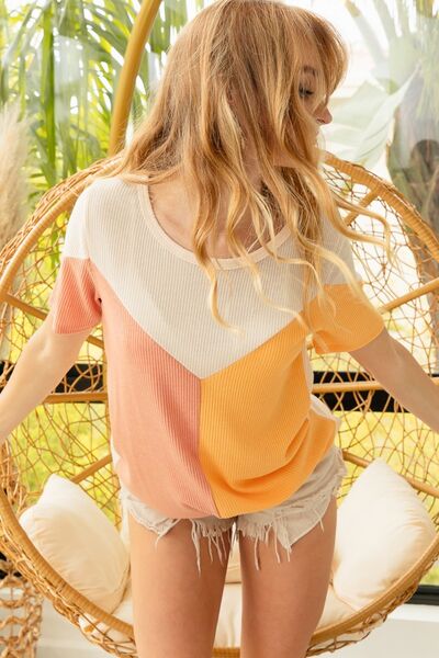 Round Neck Color Block Short Sleeve T-Shirt