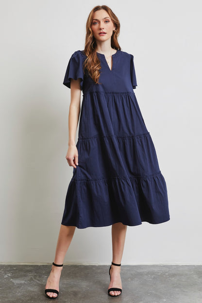 Cotton Poplin Ruffled Tiered Midi Dress