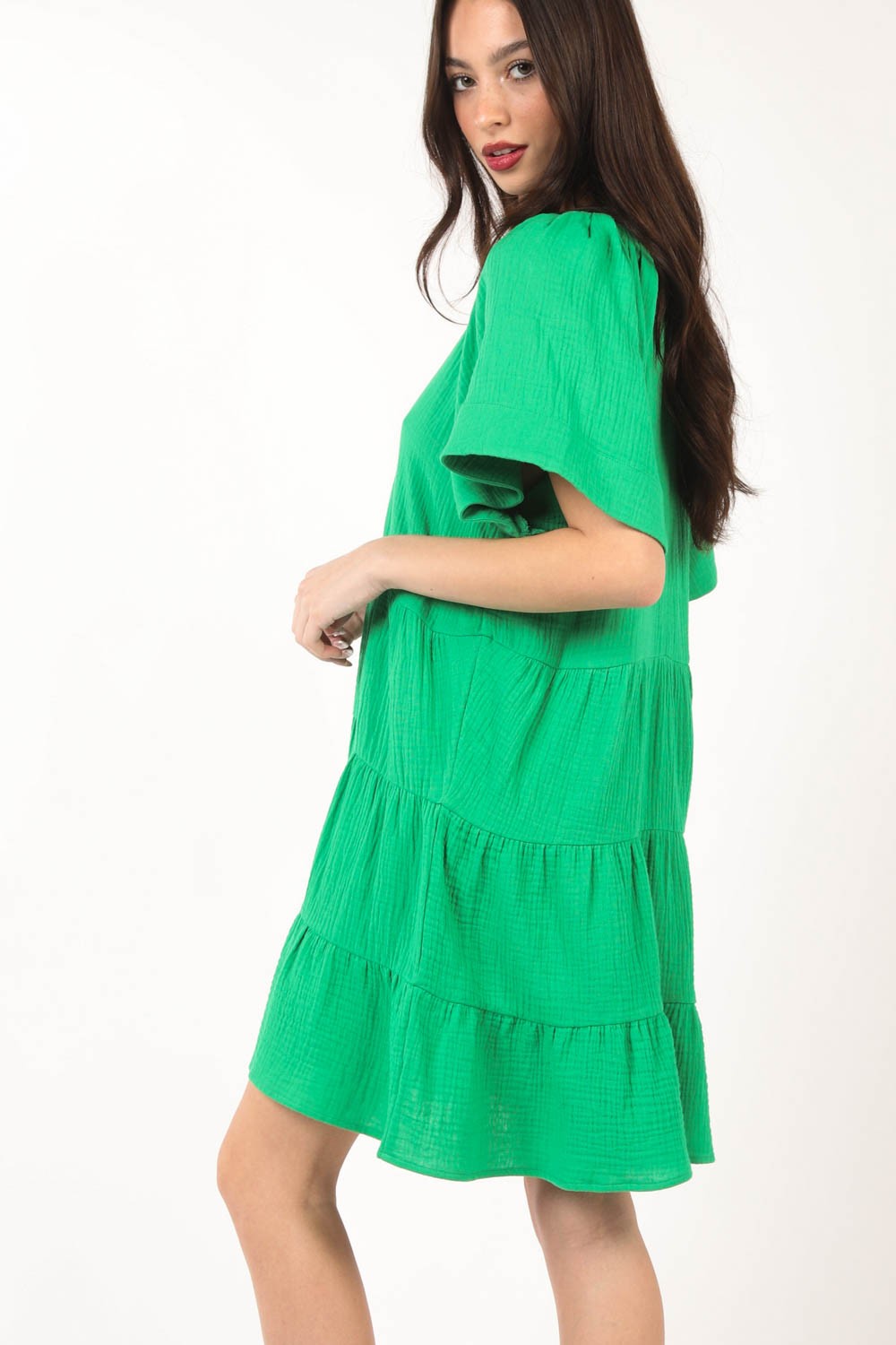 Texture V-Neck Ruffled Tiered Dress