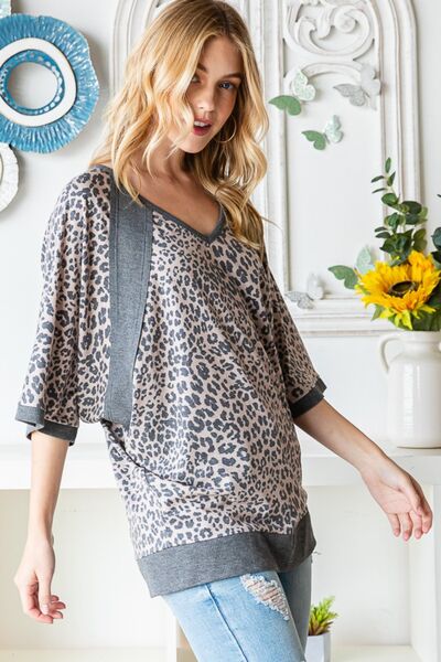 Leopard Contrast V-Neck Half Sleeve T-Shirt