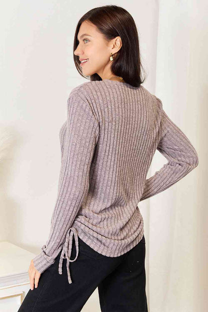 Drawstring Ribbed Long Sleeve T-Shirt