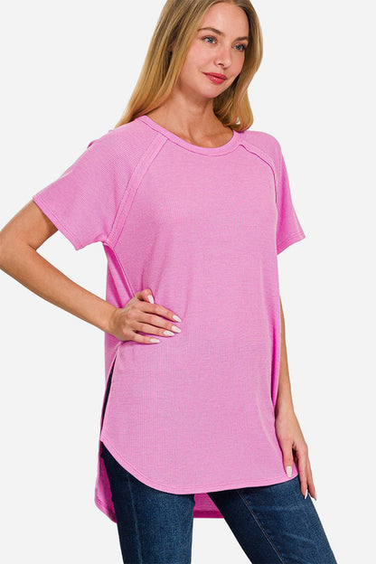 Slit Round Neck Short Sleeve Waffle Top