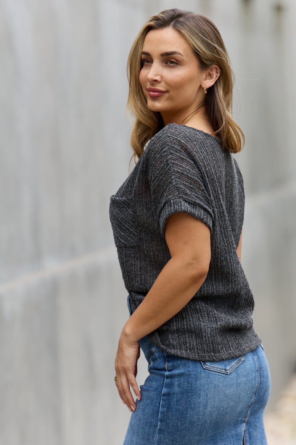 Chunky Knit Short Sleeve Top in Gray