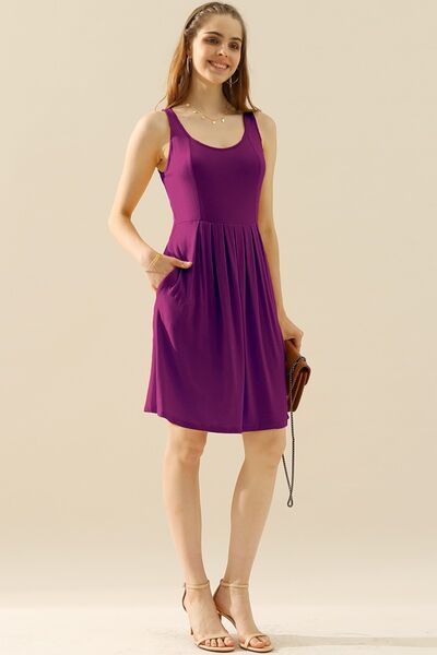 Round Neck Ruched Sleeveless Dress with Pockets